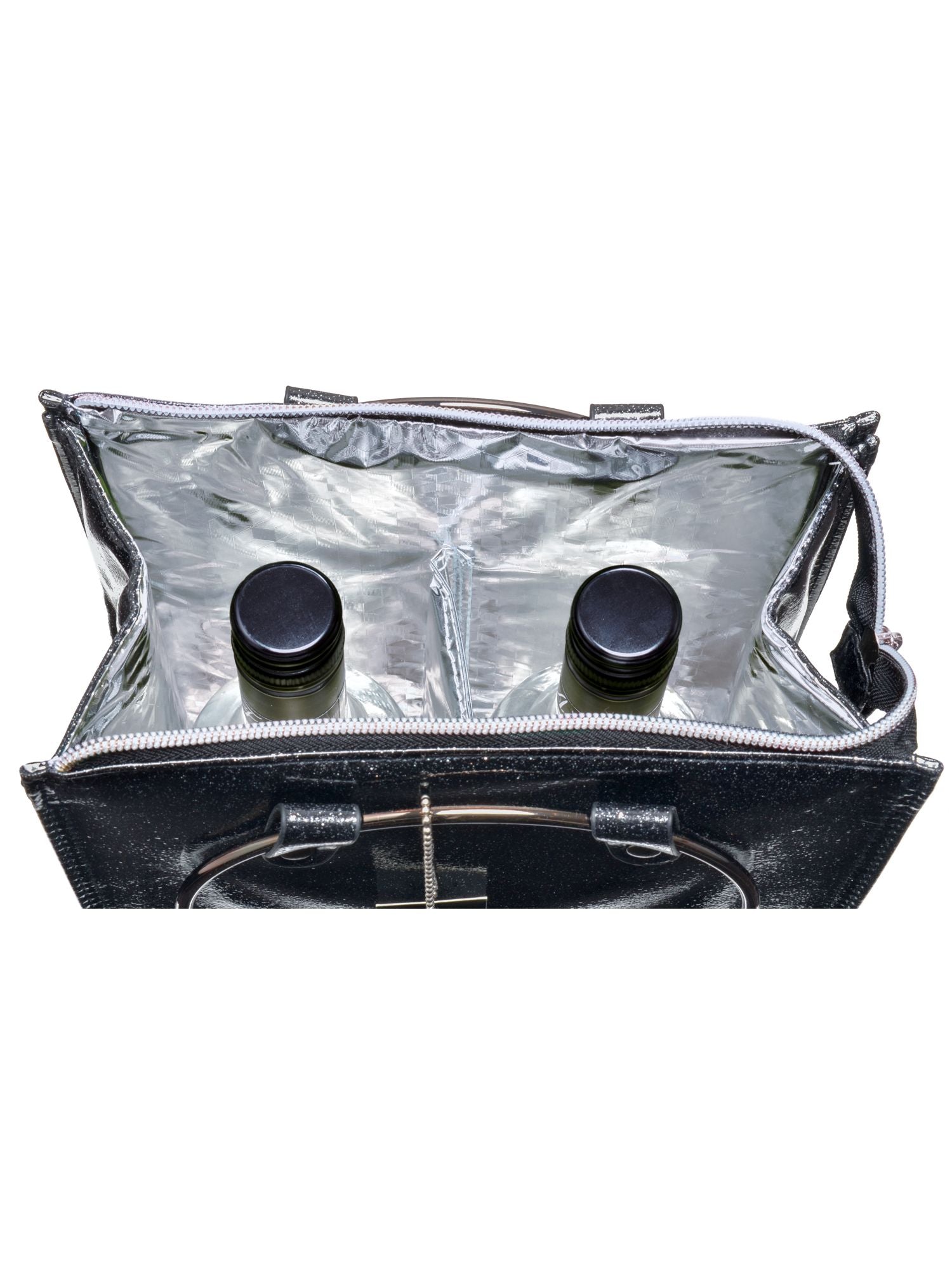 Carries two bottles Silver glitter wine cooler or cooler lunch bag.