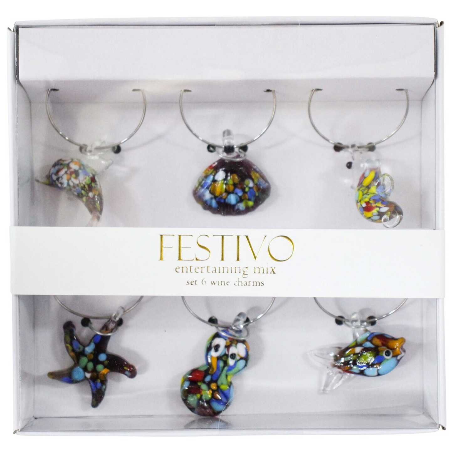 Glass Wine Charms Set of 6 Ocean Multicoloured