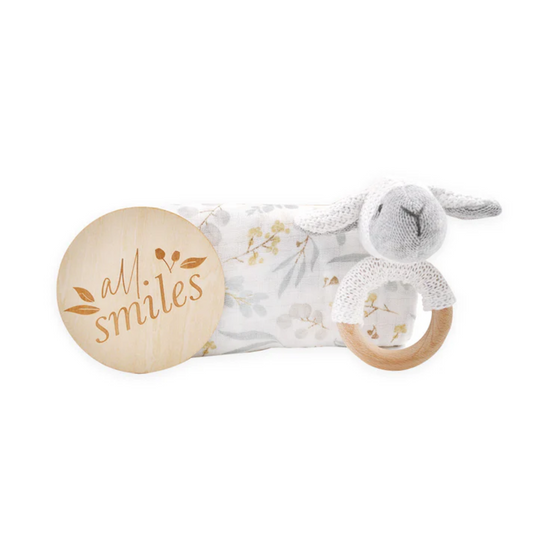 Foliage Wrap and Sheep Rattle Baby Gift Set
