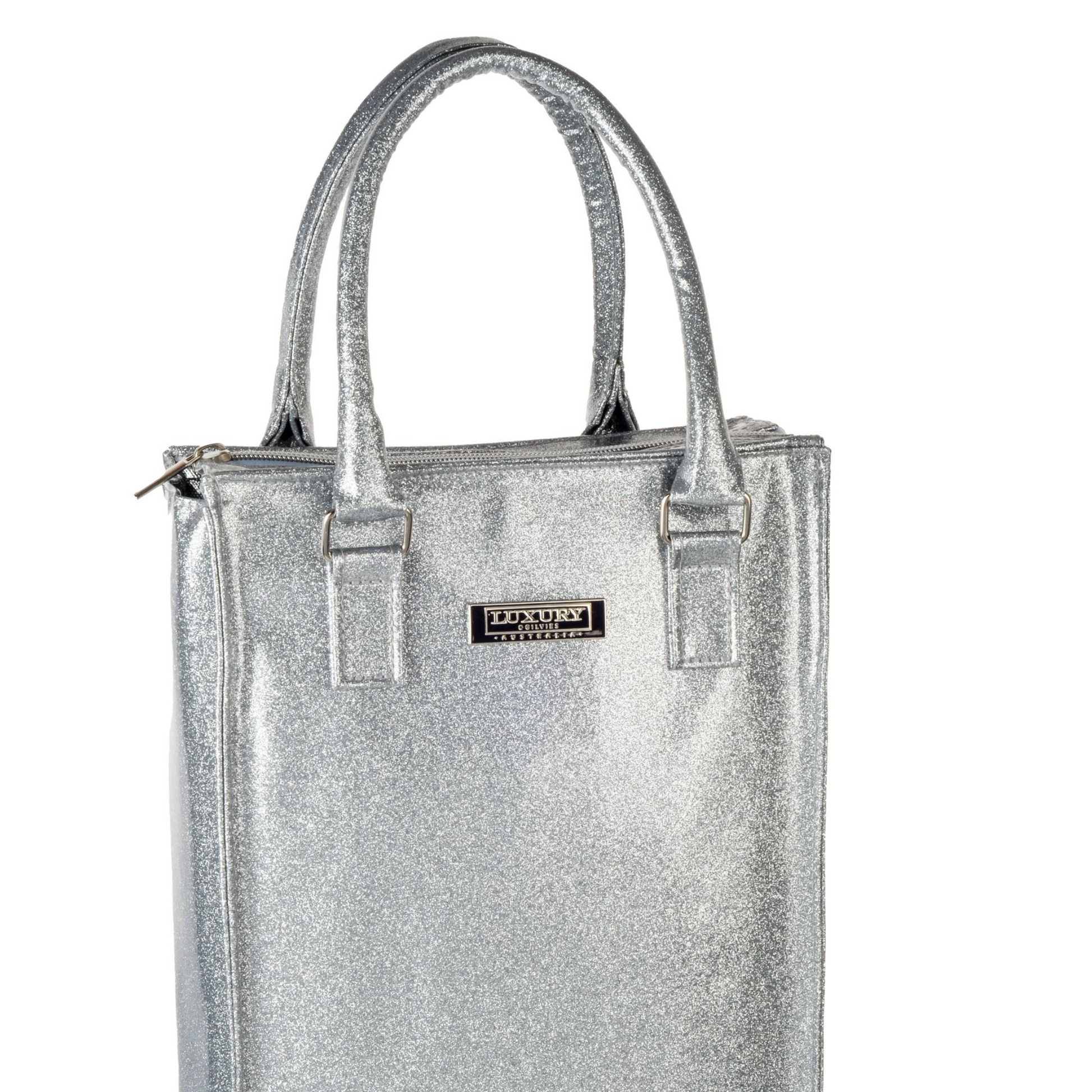 Silver glitter wine cooler or cooler lunch bag.