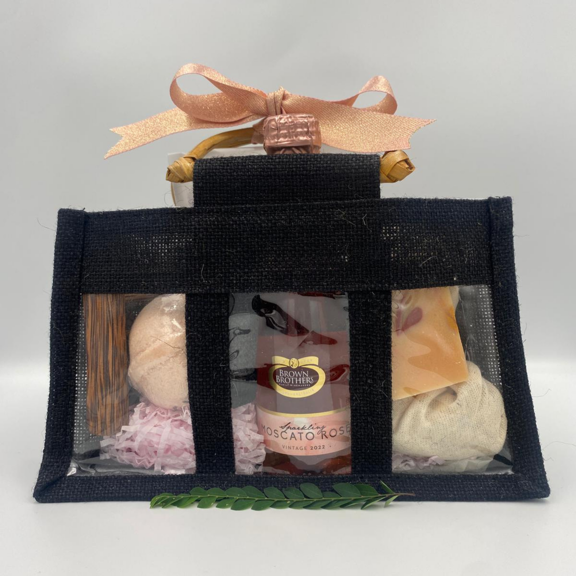 Mother's Day Luxury Black Bath Bag containing a half size soap, bath salts, bath bomb and Brown Brothers Sparkling Moscato.