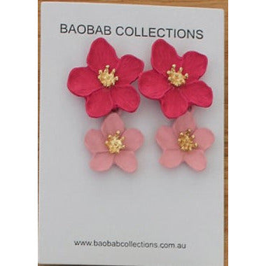 Earrings: Double Flower Drop Two-Tone Pink Stud