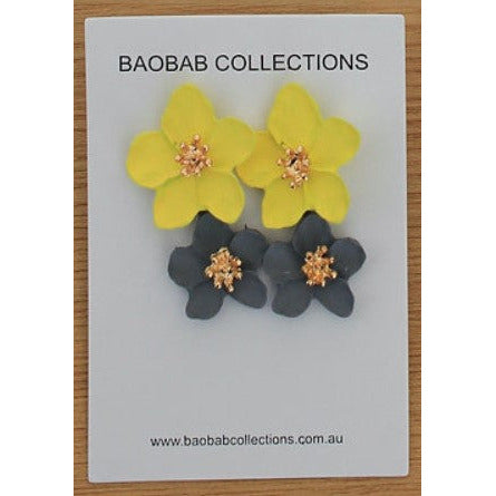 Yellow and Light Grey Double Drop Flower Stud Earring